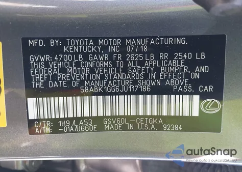 2018 Lexus Es 350 из США, поврежденный, VIN 58ABK1GG6JU117186